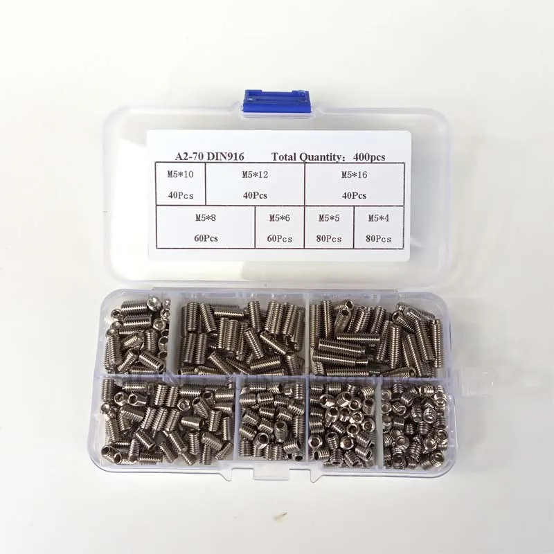 400Pcs/set Stainless Steel Wood Screws Allen Head Socket Hex Set Grub Screw Assortment Cup Point Assortment M5*4/5/6/8/10/12/16