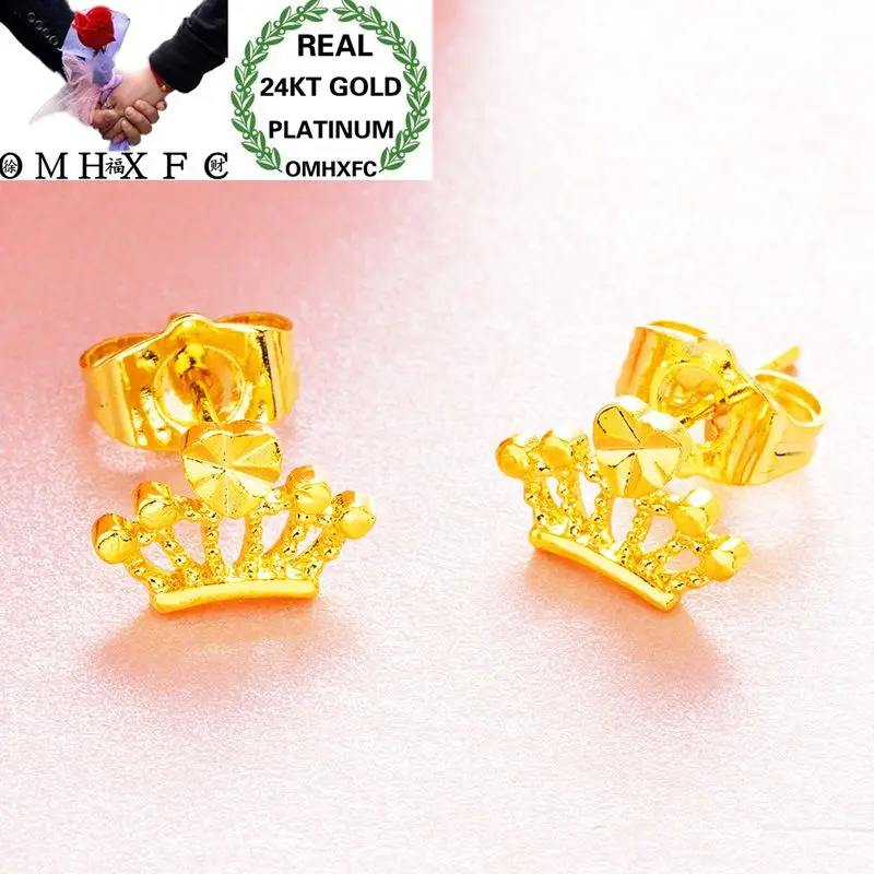 OMHXFC Wholesale European Fashion Woman Girl Party Wedding Gift Cut-Out Crown Heart 24KT Gold Stud Earrings ER131