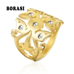 BORASI New Ring Feather Rings For Women Vintage Gold- Color Crystal CZ Zircon Stone Stainless Steel Engagement Bridal Jewelry