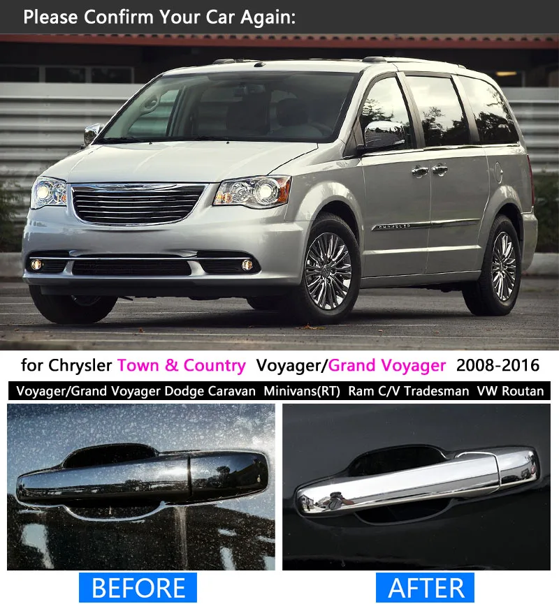 ل كرايسلر تاون & البلد 2008-2016 كروم غطاء مقبض مجموعة الكسوة فوياجر دودج قافلة VW روتان Ram C/V 2009 2014 سيارة التصميم #2