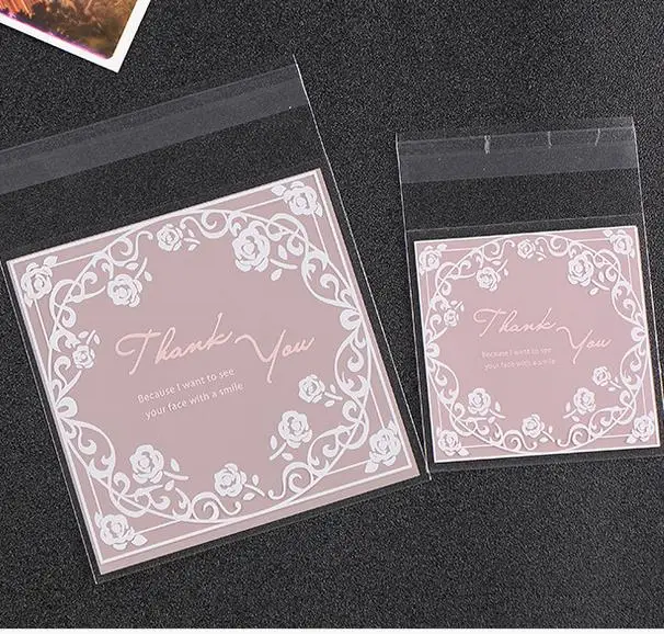 100 pcs Rose Flower Bakery Cookies Bags Plastic Self Adhesive Wedding Biscuit Macaron Gift Bag 7*7cm,10*10cm