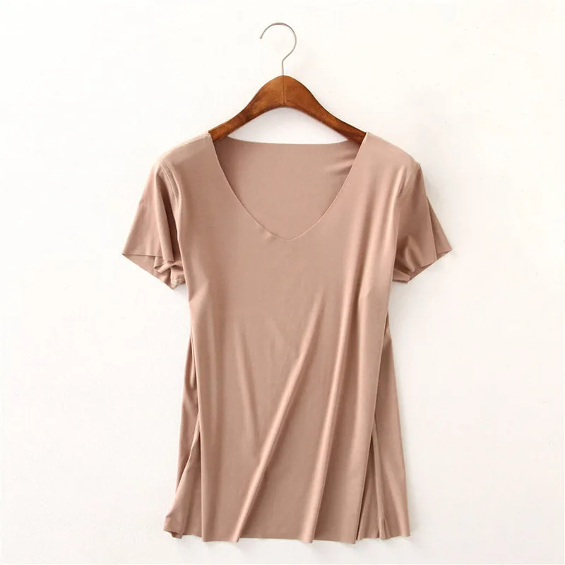 Women Essential T Shirt Basic Short Sleeve V Neck Tops Tees Solid Color Unfinished Viscose Stretch Top