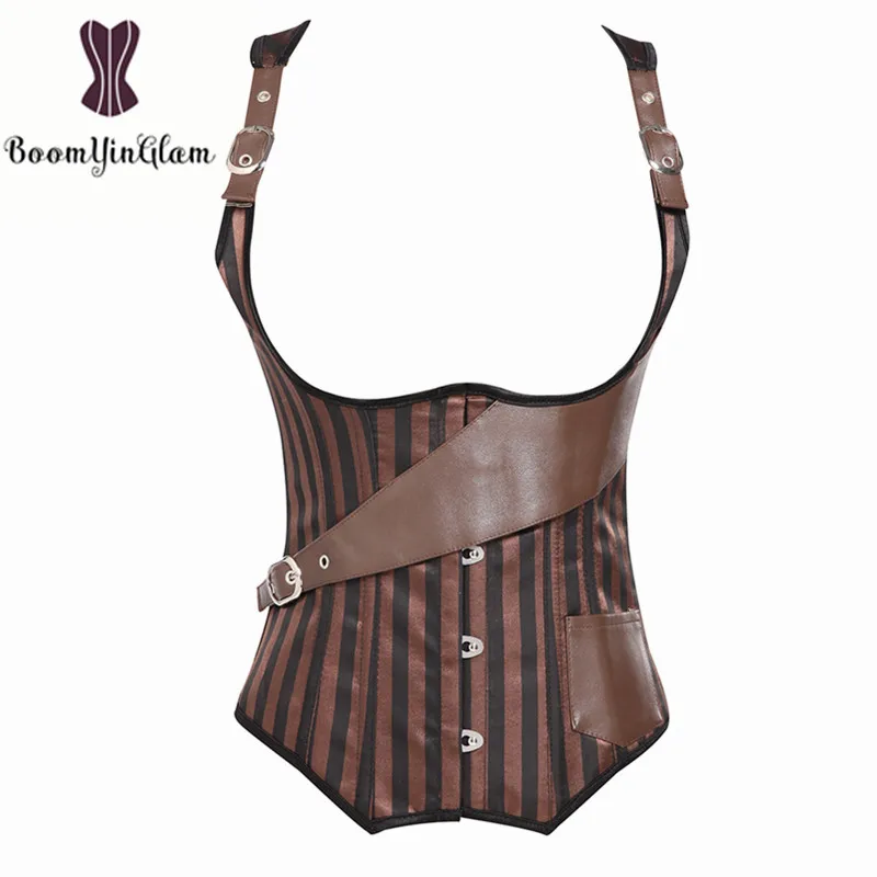 Adjustable Straps Women Brown Gothic Steampunk Boned Waistcoat Underbust Corset With Steel Boned J903#