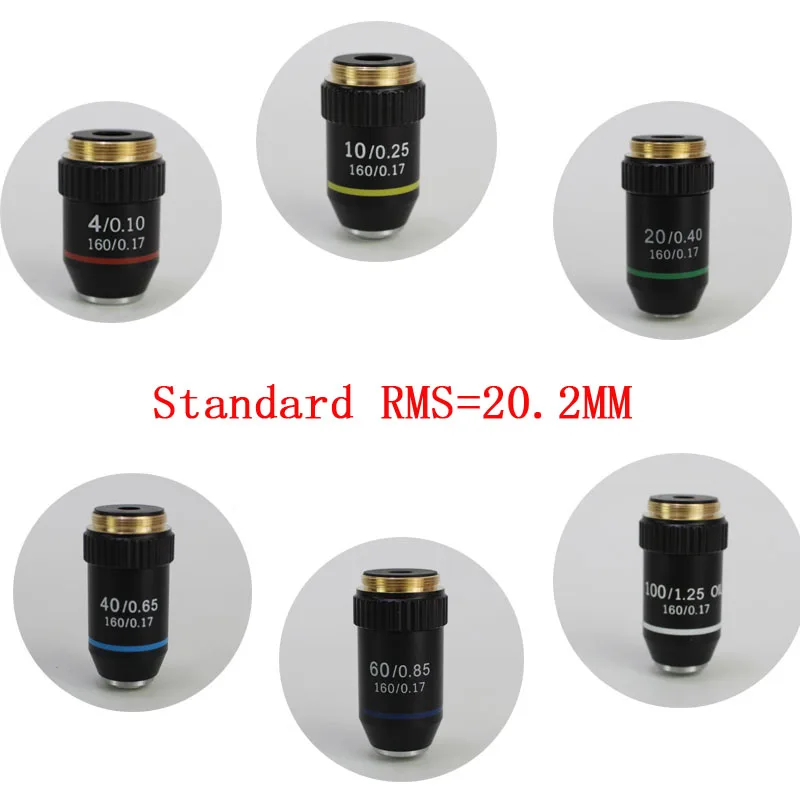 195 nero acromatico obiettivo 4X 10X 20X 40X 60X 100X microscopio di alta qualità ottica obiettivo RMS 20.2mm parti dell'obiettivo