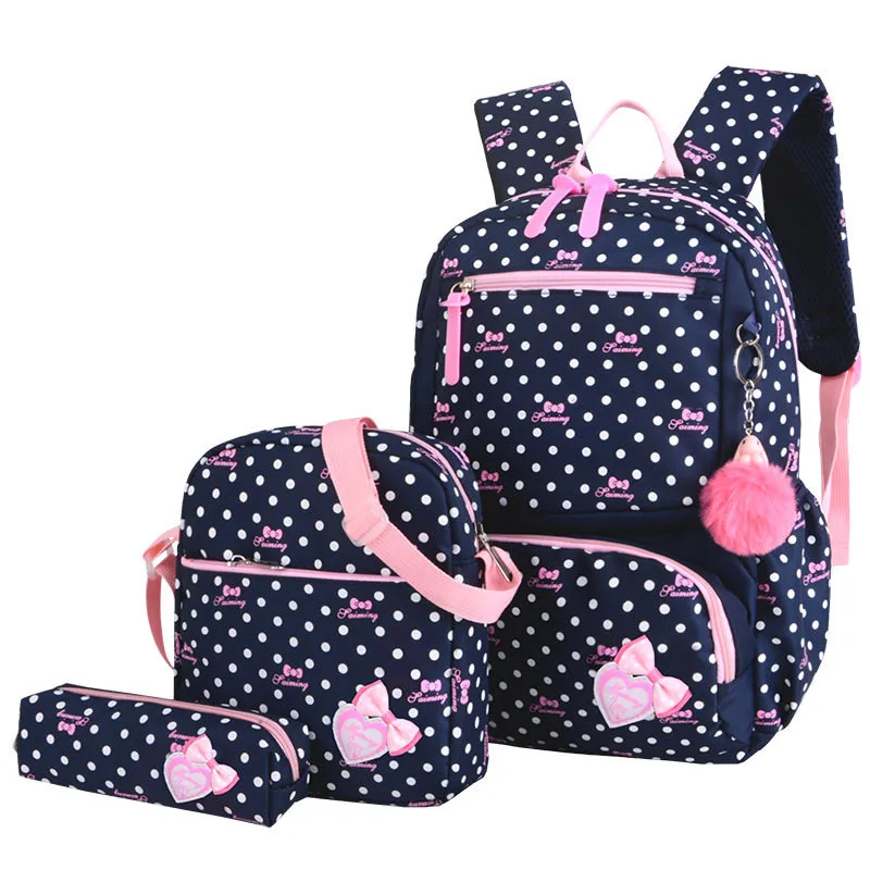 3pcs/set Dot Printing School Bags Backpack Schoolbag Fashion Kids Lovely Backpacks For Children Girls School Student Mochilas