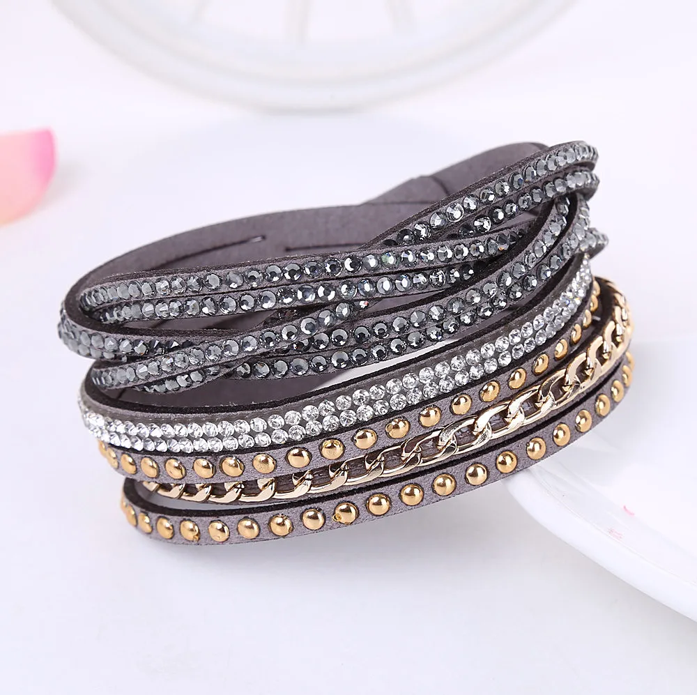 New Women\'s Blue Grey Crystal Bracelet Fashion Leather Chain Bracelets For women Girls Christmas Gifts 9 Color