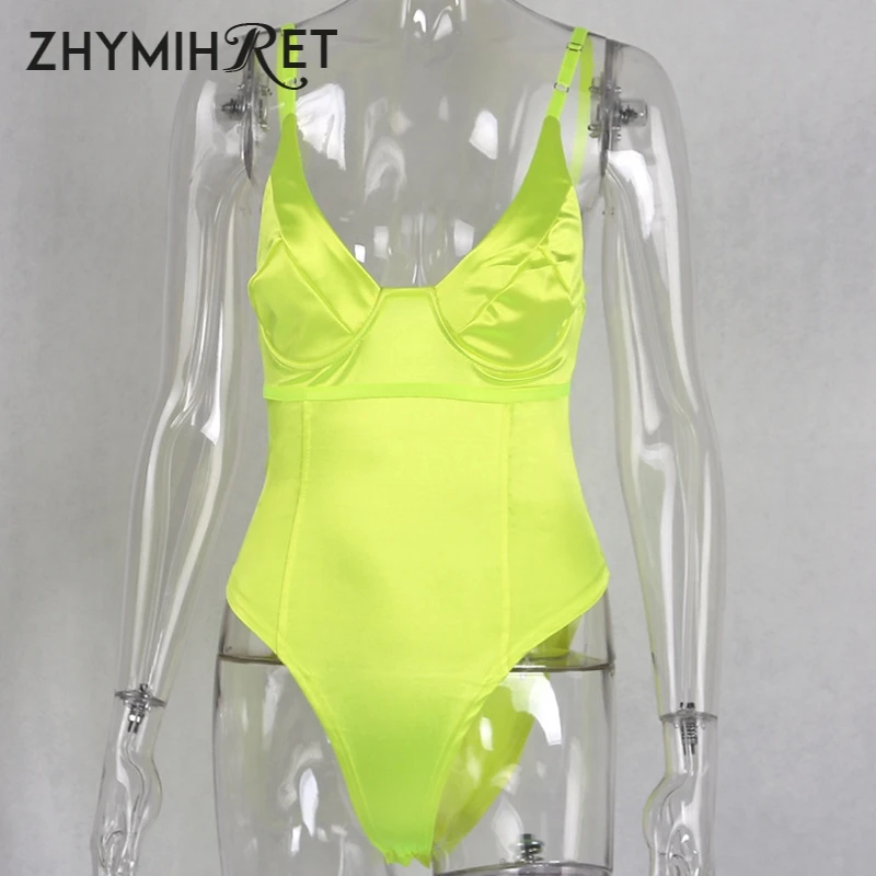 ZHYMIHRET 2019 Sommer Neon Satin Sexy Body Frauen V Neck Backless Verstellbare Spaghetti Strap Körper Mujer Bodycon Overall