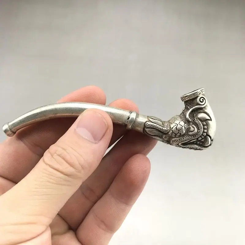 Chinese Ancient Tibetan Silver Pure Hand-carved Dragon Smoking Tool Cigarette Holder Small Statue