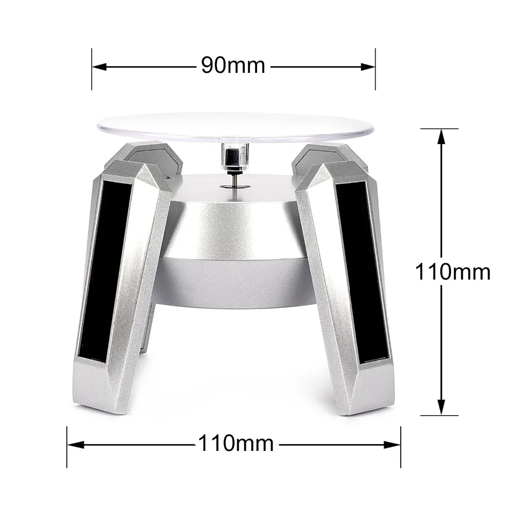 Automatic Solar Power Jewelry Watch Silver Showing Shelf 360 Degree Solar Rotating Nail Art Display Stand Turn Table LED Light