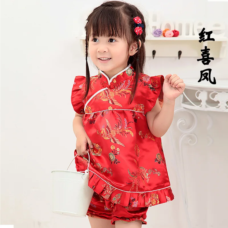 Gold Girls QIPAO Sets 2020 Summer Baby Girls Clothes Set Children Clothing Top Quality 0 1 2 3 4 Years Rose Flower Girl Dress