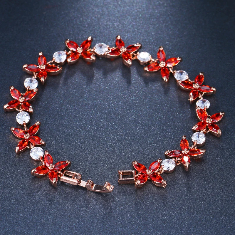 EMMAYA Silver Color Women Chain Link Bracelet Lucky Flower Wedding Jewelry Red CZ Stones Cheap Price