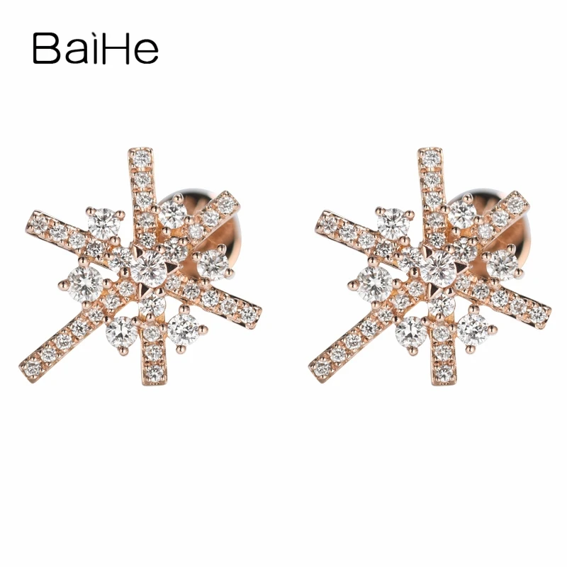 BAIHE Solid 14K Rose Gold H/SI Natural Diamond Snow flower Stud Earrings Women Wedding Trendy Fine Jewelry boucle d’oreille