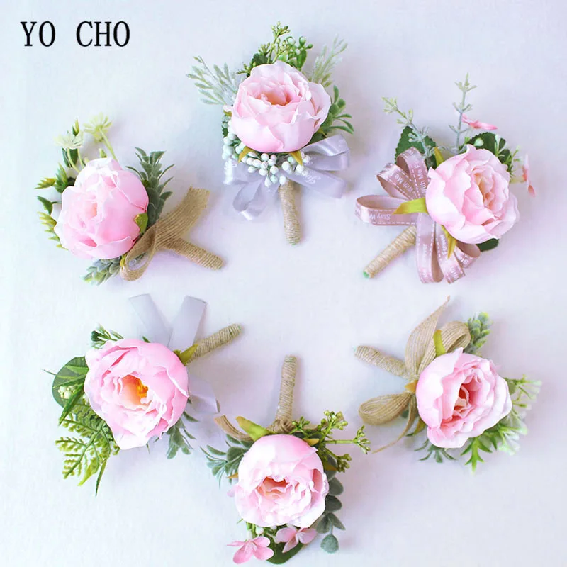 YO CHO-Corsages de muñeca de boda, traje de flores, decoración de boda, rosa de seda, flor de novio, alfileres de broche de boda, graduación, blanco y rosa