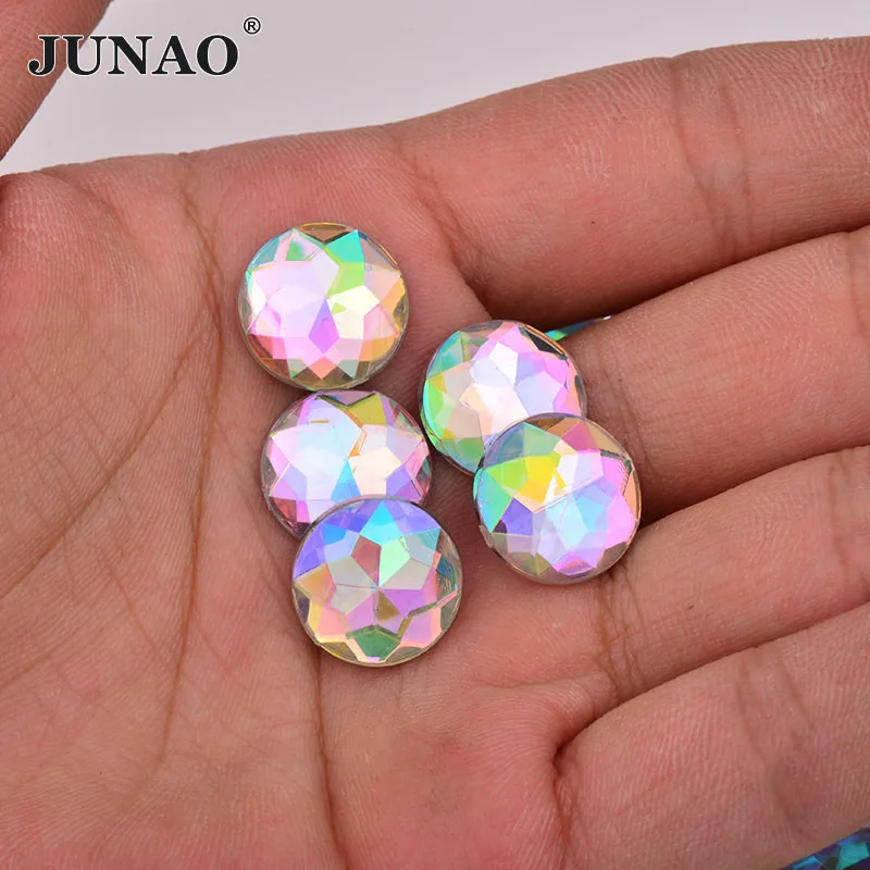 JUNAO 6 8 10 12 14 16 18 20 25 30mm Large Clear White Crystals AB Flatback Big Rhinestone Round Acrylic Stones Non Sewn Strass