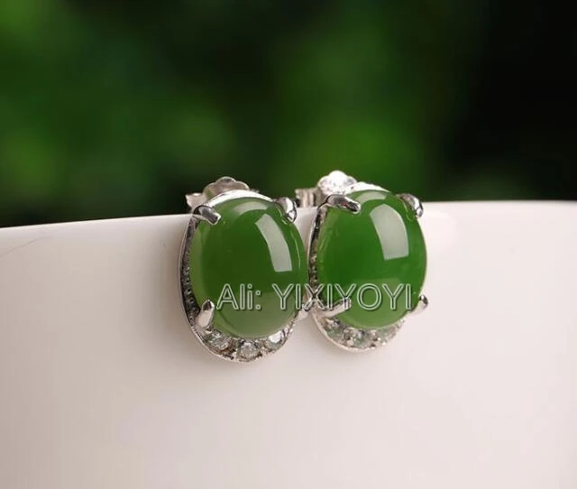 

Beautiful 925 Silver Green HeTian Jade Beads Inlay Charming Elegant Stud Earrings Woman's Lucky Earring Ear Jewelry Certificate