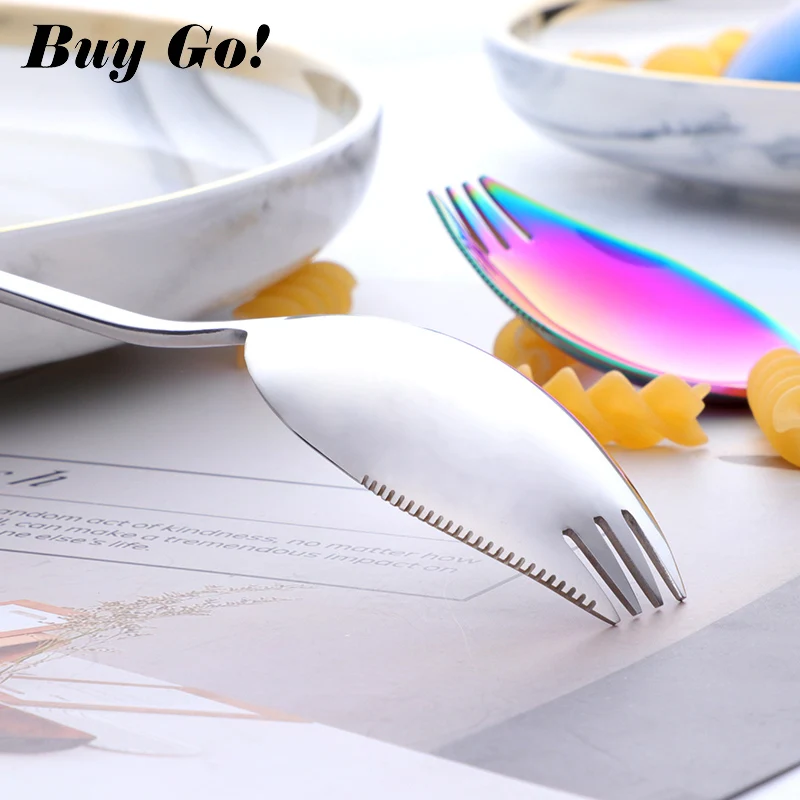 Creative Design Kitchen Tableware Tools 3 in 1 Stainless Steel Colorful Sporks Dessert Fork Spoon Noodles Salad Fruit Utensils