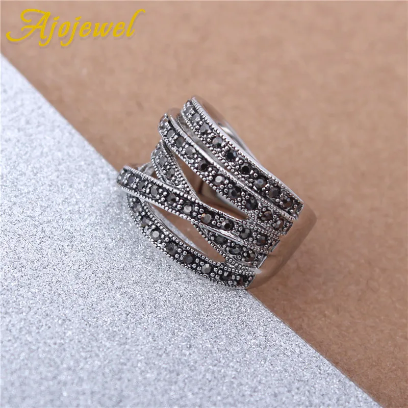 Ajojewel New Men Black Cross Ring Rhinestone Women Wide Band Rings Fashion Vintage Jewelry Wholesale Bijoux Femme