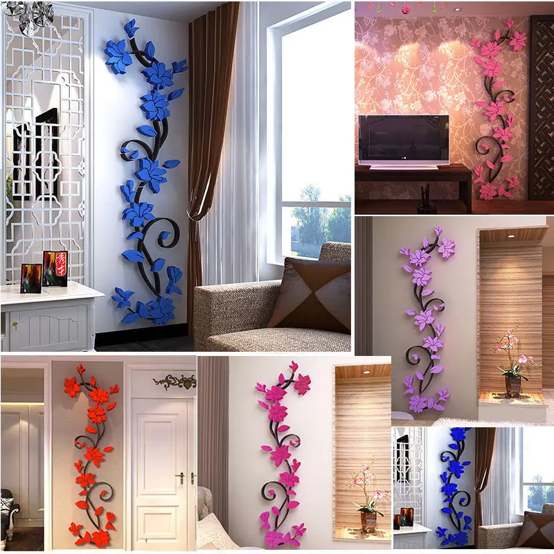 New Arrival Wall Sticker Acrylic flower 3D Romantic Rose Flower Wall Sticker Hot Removable Home decor Decal Room Vinyl