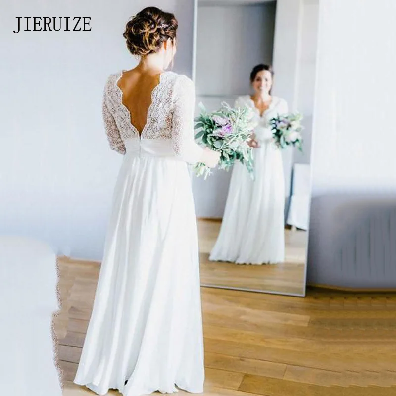 

JIERUIZE White Chiffon Boho Wedding Dresses Deep V-neck 3/4 Sleeves Backless Beach Wedding Gowns Bride Dresses robe de mariage