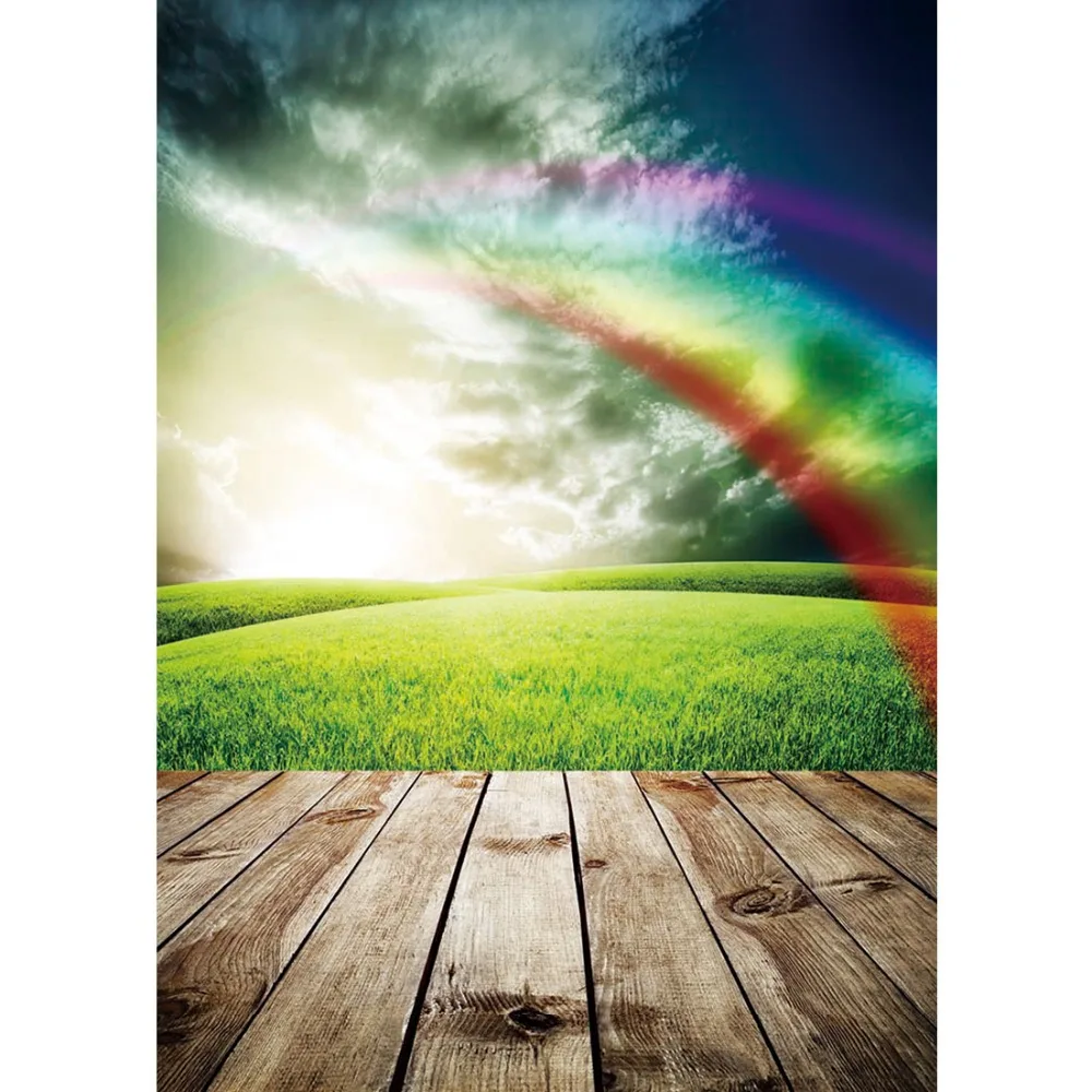 Wood Floor Grassland Rainbow Photophone Backdrops for Photo Studio Vinyl Photogrphy Backgrounds Portrait Baby Children Photocall