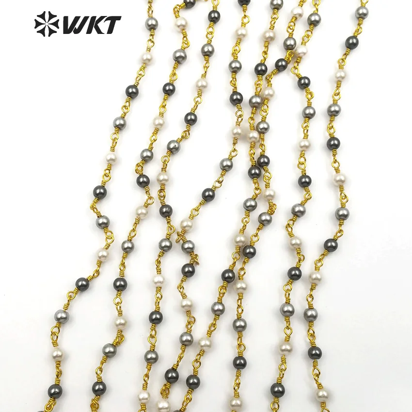 

WT-RBC098 WKT 4mm pearl beads in multi color ,Wire Wrapped Golden Plated Rosay Fashion Links Jewelry 10meters/lots