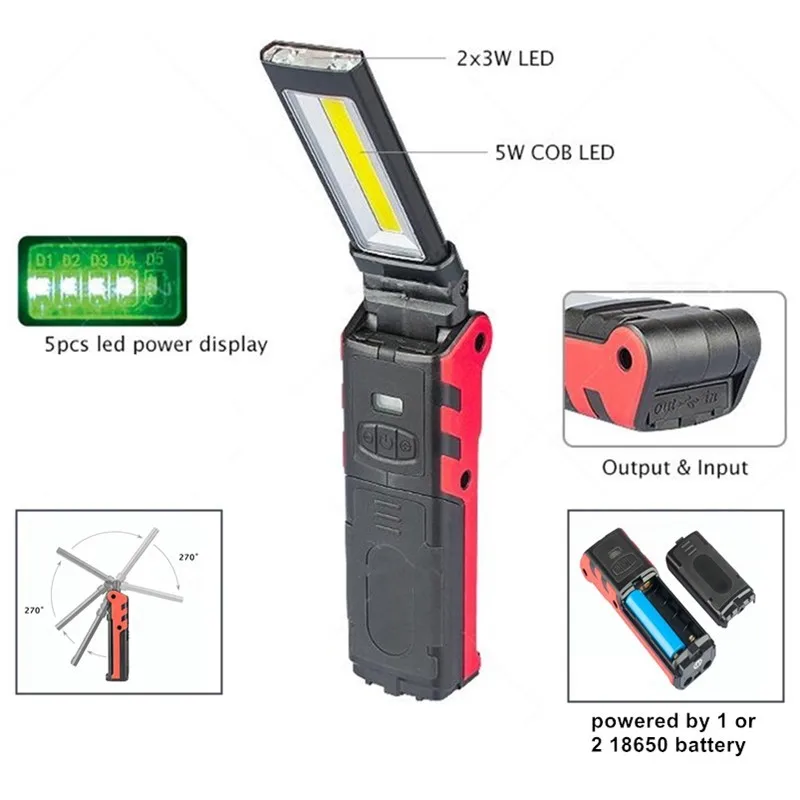 USB Rechargeable Working Light Dimmable COB LED Flashlight Inspection Lamp with Magnetic Base & Hook Outdoor Power Bank