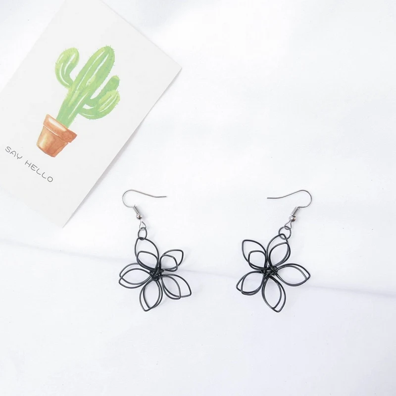 Cute Metal Wire Winding Flower Drop Earrings Women Novelty Black Double Layer Dangle Ear Ring Female Jewelry Party Gift