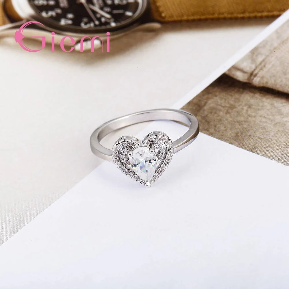 Super Shinning Cubic Zirconia Lovely Romantic Heart Shape Design Real 925 Sterling Silver Finger Rings For Women Ladies