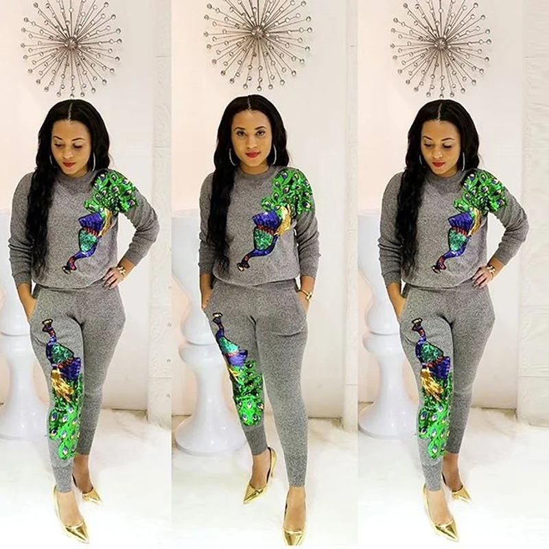 طقم مكون من قطعتين من بنطلون رياضي مزين بالترتر لباس علوي للنساء بذلة رياضية بنمط طاووس بدلة عرق للسيدات طقم من قطعتين من Harajuku Phoenix #3