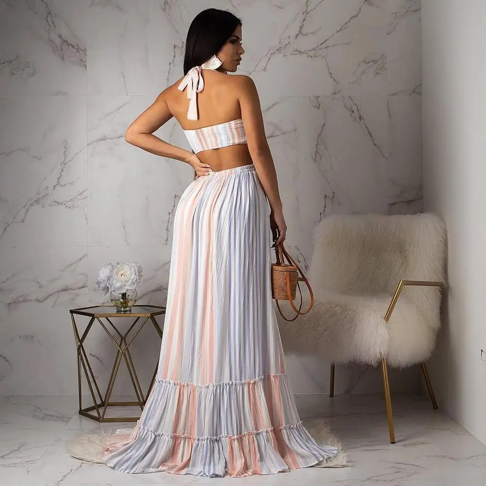 2019 Strand Boho Sexy Vrouwen Halter Mouwloos Open Back Kleurrijke Strepen Ruches Zoom Maxi Jurk Vloer Lengte Geplooide Lange Dresse