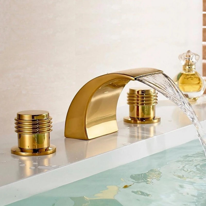 Vidric 3Pcs Waterfall  Bathroom Gold-plated Faucet Basin Faucets Deck Mounted Bathroom Tap 2 Handles 3 Hole Faucet Mixer Crane 3