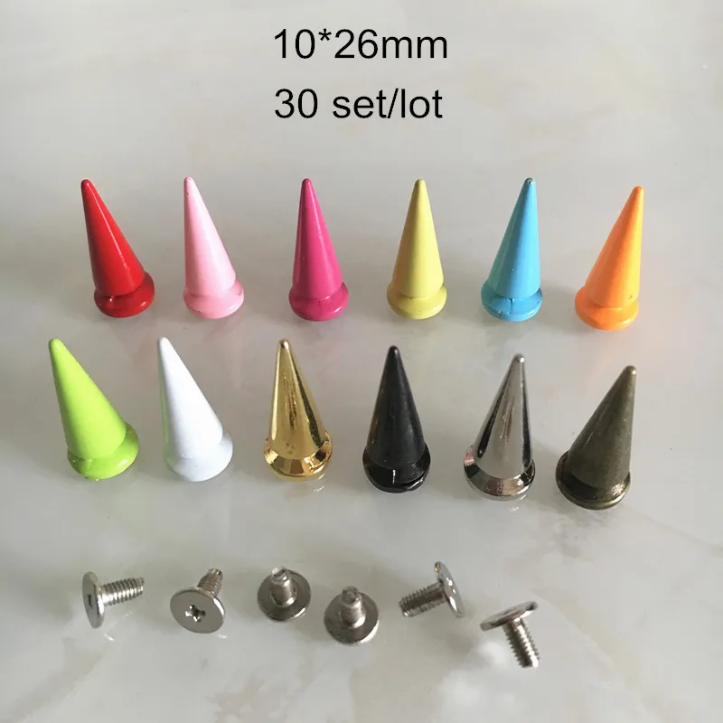 Colorful Rivet Stud Spikes,Zinc Alloy Metal Bullet Pointed Studs,DIY Leather Craft Accessories,Red,Green,Bronze, 10x26mm, 30 Set