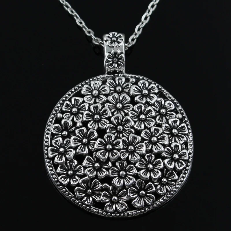 New Fashion Flower Covered Disc Pendants Round Cross Chain Short Long Mens Womens Silver Color  Necklace Jewelry Gift