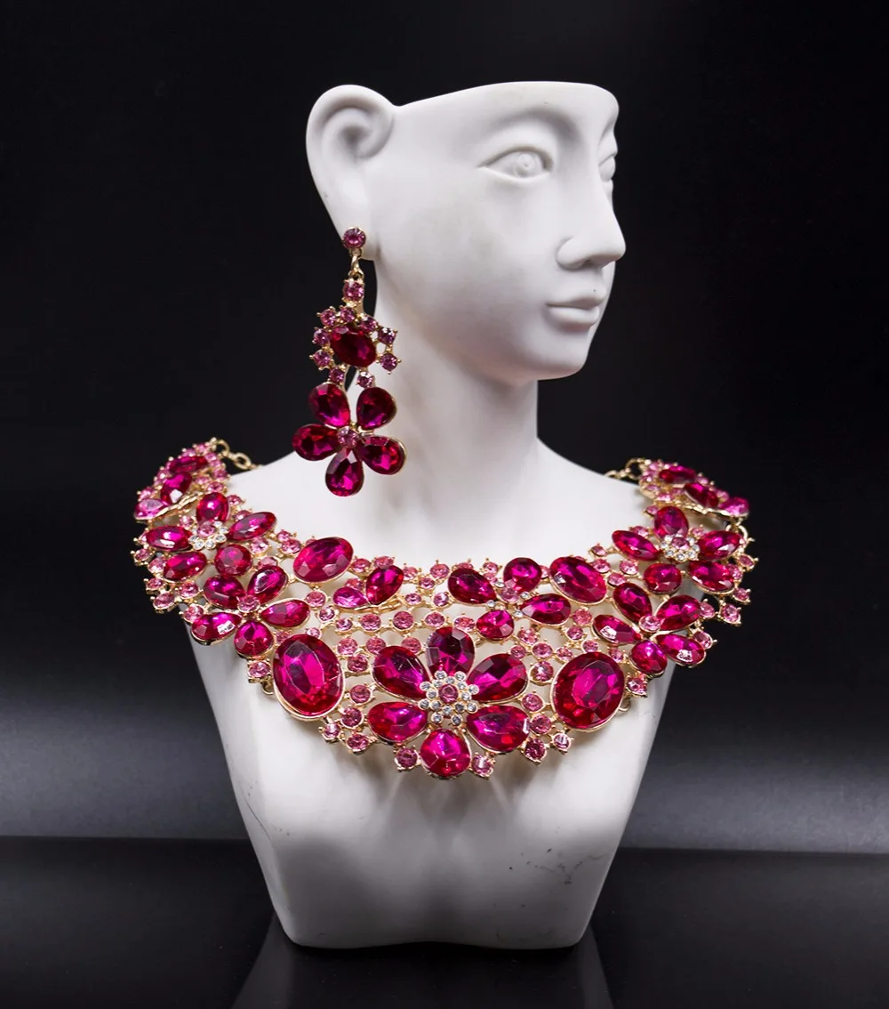 Fashion new arrival jewelry set Austrian crystal necklace and earrings for wedding six colors Luxury gold color Rhinestone