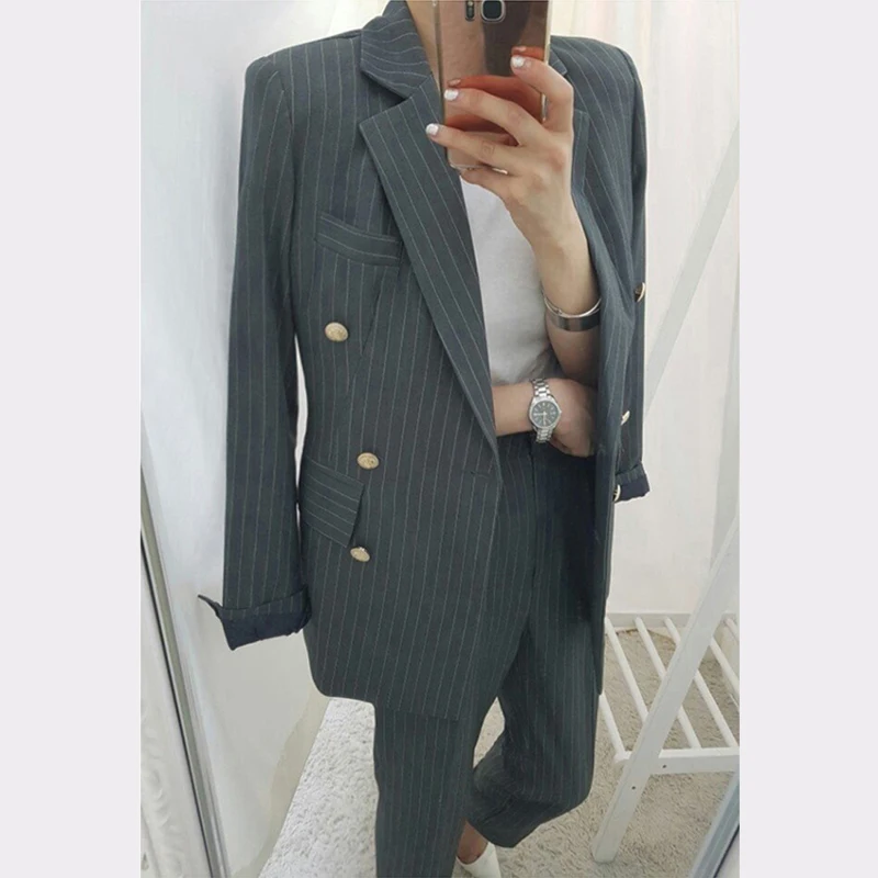 BGTEEVER di Affari di Lavoro Delle Donne A Strisce Abiti Doppio Petto Sottile Vestito con pantaloni Blazer Jacket & Matita Pant Office Lady 2 Pezzi