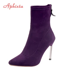 Aphixta Stivali A Stiletto Scarpe Da Donna Zip In Tessuto Elasticizzato Femminile Botas Punta a punta Mid-Vitello Calzini E Calzettoni Sottile Tacco Alto Elastico stivali alti