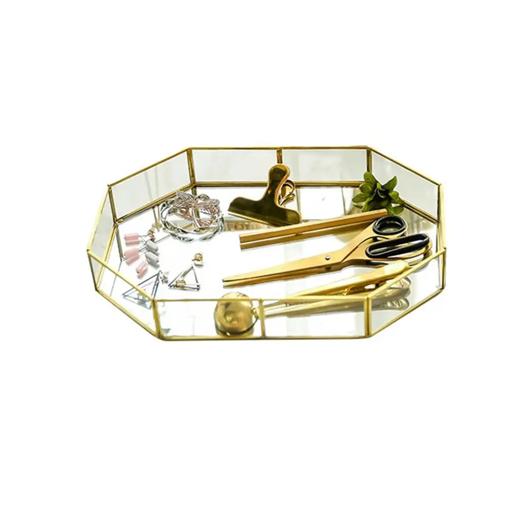 Retro Brass Tray Golden Polygon Glass Makeup Organizer Tray Dessert Snack Plate Jewelry Display Stand Home Kitchen Decor