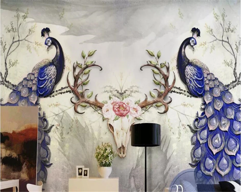 beibehang Custom wallpaper 3d murals atmosphere rich peacock auspicious deer hand-painted creative Chinese background wall paper