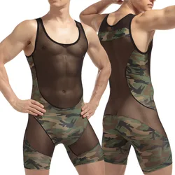 Body de malla transpirable para hombre, ropa interior siamesa, bragas moldeadoras con botones, traje de lucha, ropa interior transparente de camuflaje