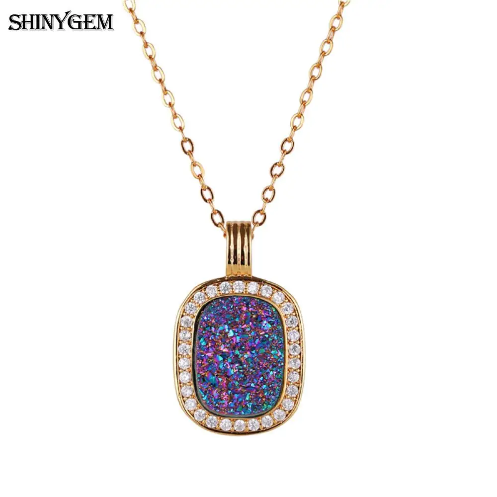 

ShinyGem Vintage Crystal Necklaces Rectangle Rainbow Natural Druzy Stone Pendant For Women
