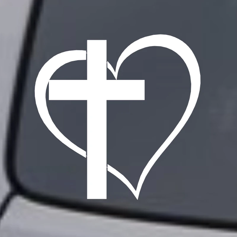 Calcomanía de vinilo con forma de corazón cruzado, pegatina para ventana de coche, parachoques de pared, Jesús, Dios, corazón, amor