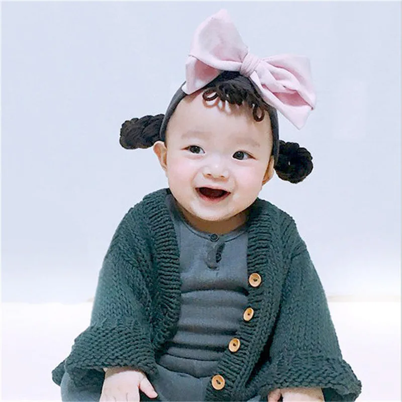 New girls baby hair band wig hair curls with fake Pigtail infant children Big Bow baby headband accessories Headband