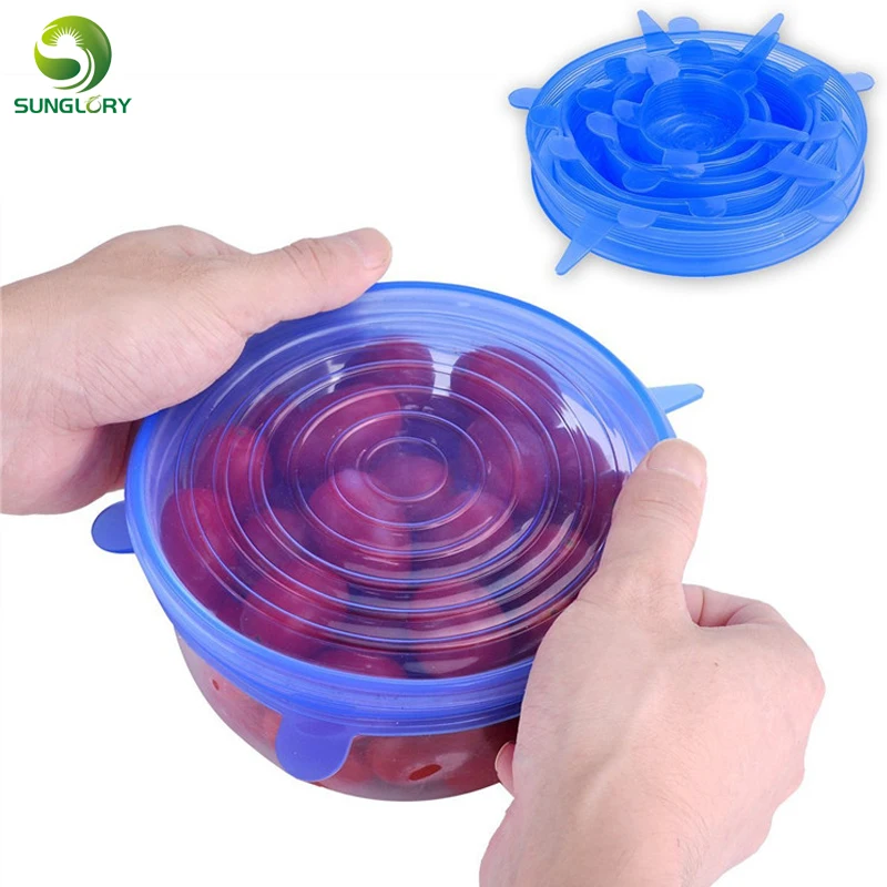 Sunglory 6PCS Reusable Silicone Stretch Air-tight Vacuum Lid Keep Fresh Leakproof Food Bowl Cover Lid Kitchen Silicone Food Wrap