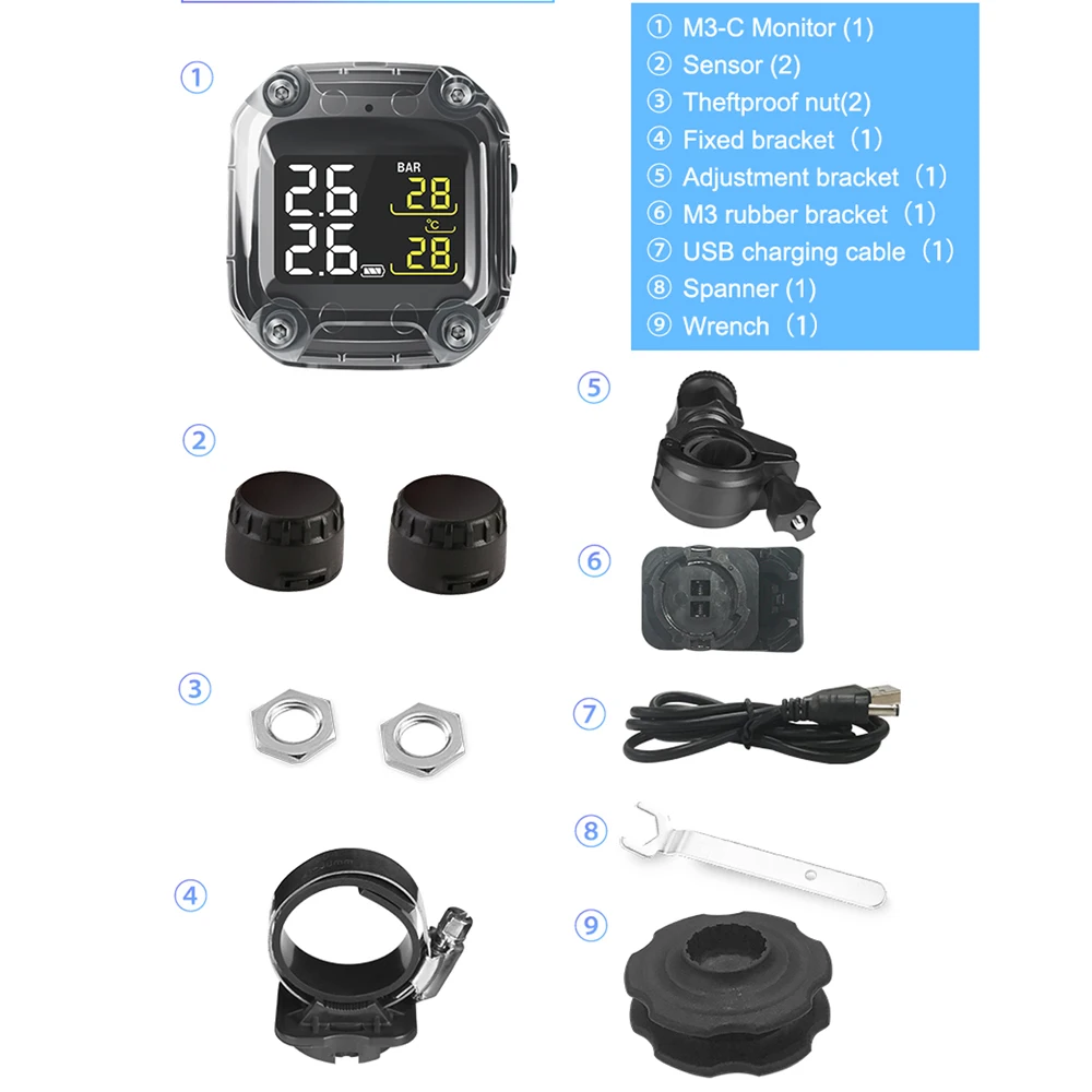 M3-C Wireless Motorcycle TPMS Real Tire Pressure Monitoring System Externe Universal 2 External Internal Sensors LCD Display