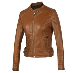 Chaqueta bomber de cuero marrón para mujer, abrigo de motocicleta, 5 colores, marca, nuevo, otoño e invierno, 2021