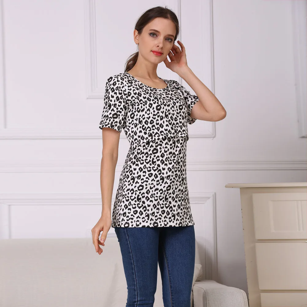 Short Sleeve Leopard Maternity Nursing Clothes Breastfeeding T-Shirt  Postpartum Tops for Pregnant Women Slim Style Freeshipping