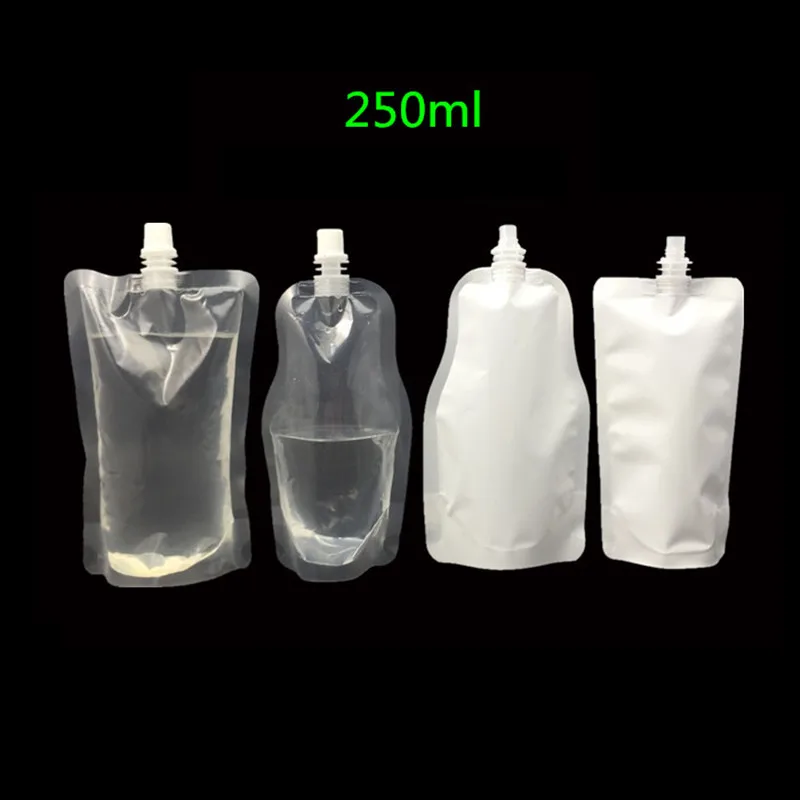 wholesale 100 Pack,5 styles 250ML Stand-up Plastic Drink Packaging Bag Spout Pouch for Beverage Liquid Juice Milk Coffee