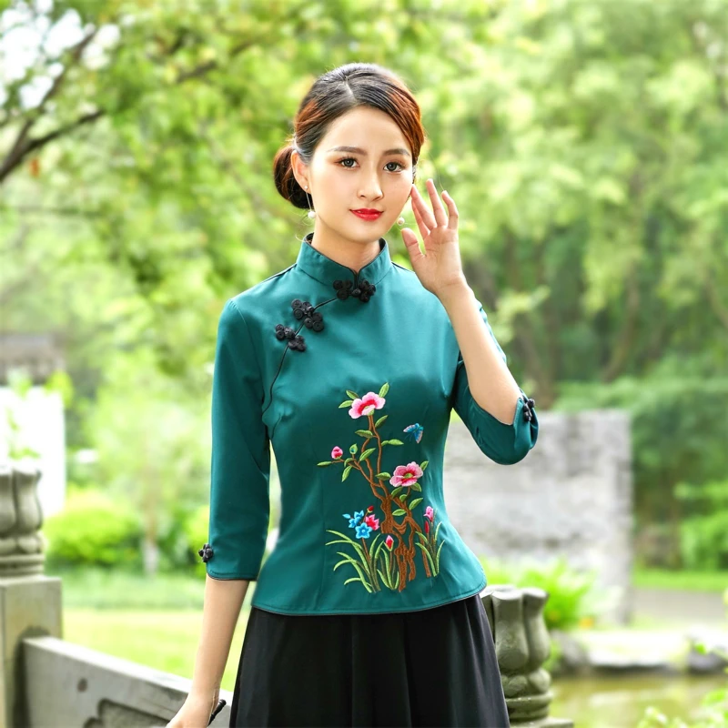 

Sheng Coco Female Ethnic Style China Embroidery Coloured Cheongsam Tops White Pink Satin Classic Everyday Dress Vintage Clothing