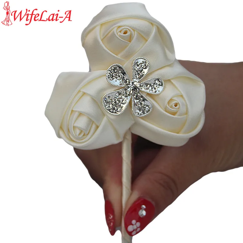 

1piece/lot 3 silk Rose Flowers Brooch Corsages Pin Alloy Dimoand Wedding Corsages Groom Boutonniere Wedding Flowers XH32-H