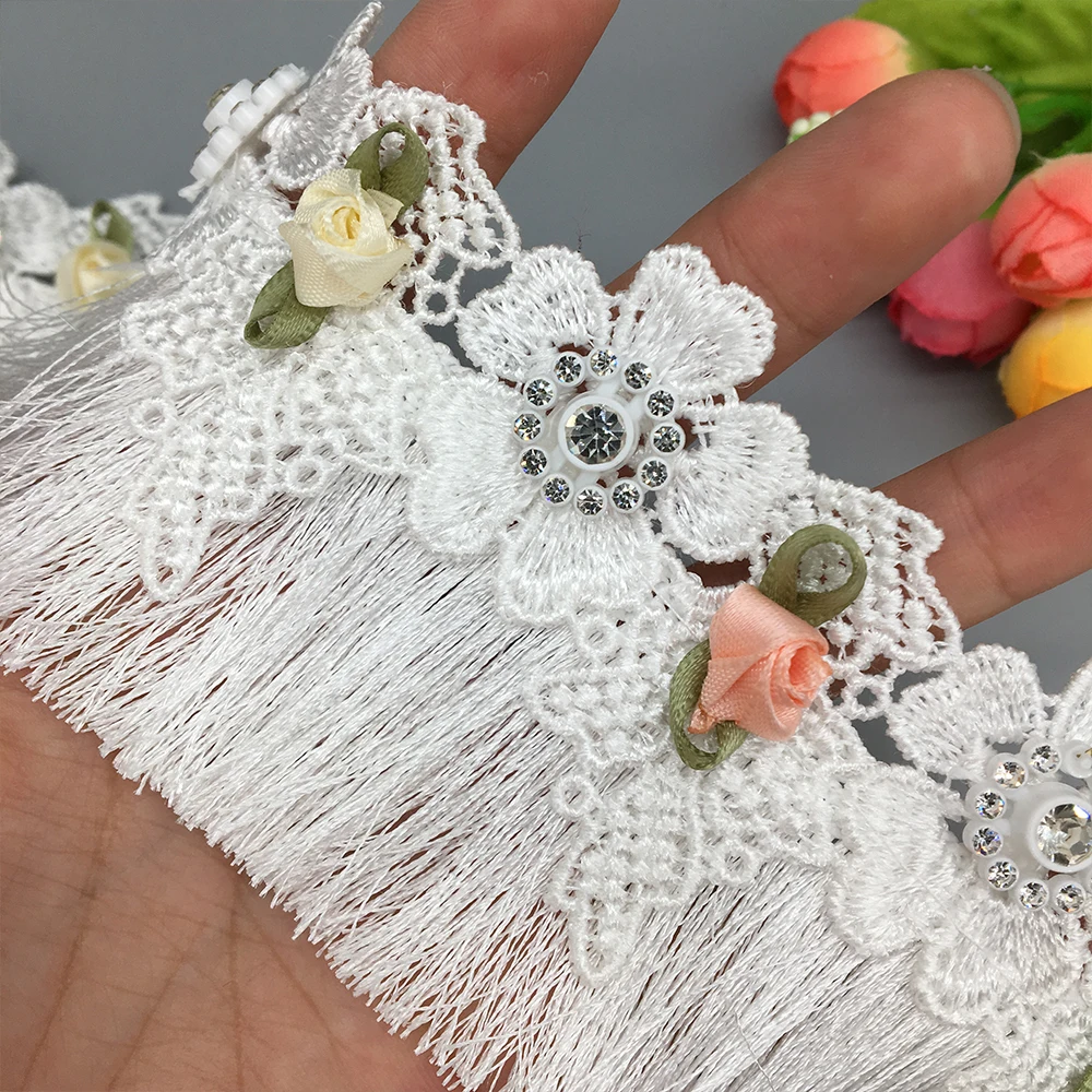 

10X White Diamond Rhinestones 3D Flowers Tassel Lace Trim Fringe Ribbon Fabric Embroidered Sewing Craft Wedding Dress Decoration